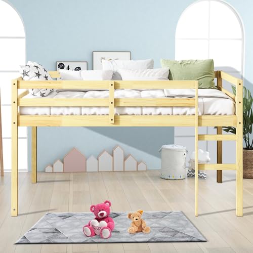 Low Loft Bed Twin Size, Kids Solid Wood Modern Loft Bed Frame with Ladder and Safety Guardrail for Girls Boys, Noise-Free,Non-Toxic Finishes