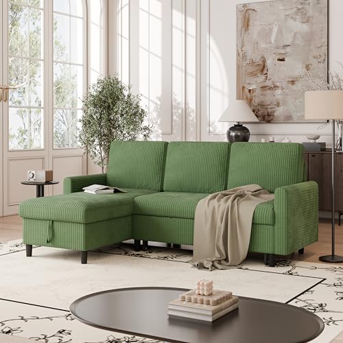 Vongrasig Convertible Sleeper Sofa, Pull Out Couch with Storage, 77" L-Shaped Sofa Bed with Storage Chaise Corduroy Fabric for Living Room, Apartment