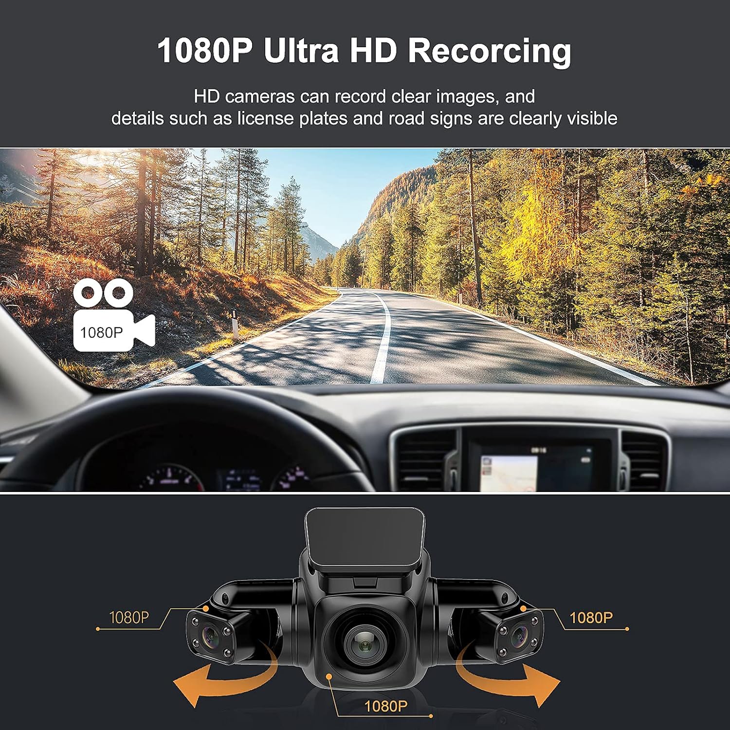 Dual Dash Cam 1080P Dashboard Camera Front and Rear 3 Way Cam HD Angle Lens Recording Control IR Night Vision 24hr Motion Detection G-Sensor Mobile