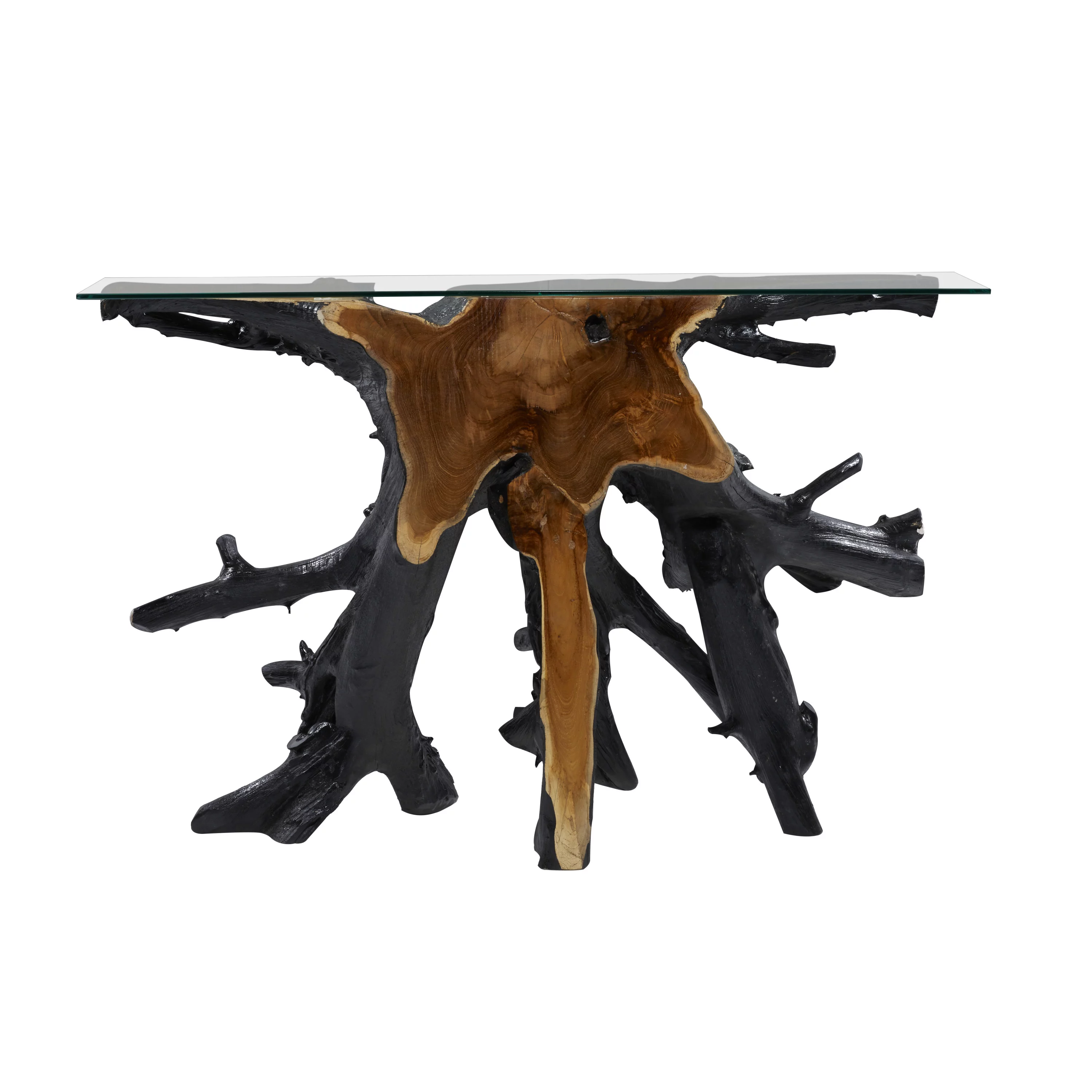 DecMode 49" x 32" Black Teak Wood Live Edge Tree Stump Console Table with Clear Glass Top, 1-Piece