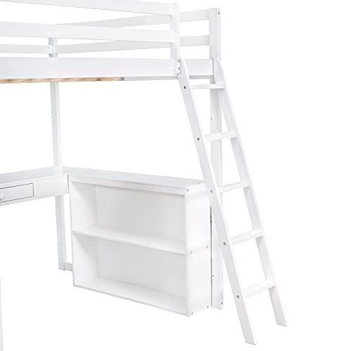 Twin Loft Bed with Staircase, Desk and Wardrobe, Wood Loft Bed with Storage Shelves and Safety Guardrail