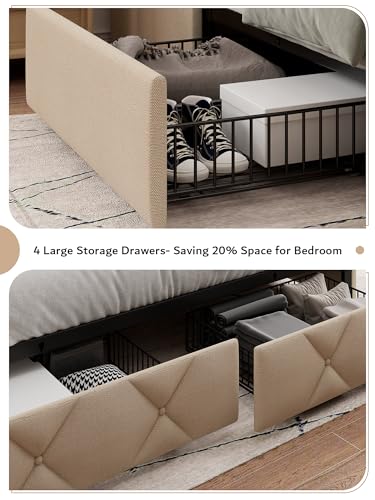 iPormis Queen Bed Frame with 4 Storage Drawers, Upholstered Platform Bed Frame with Charging Station, Modern Wingback Storage Headboard