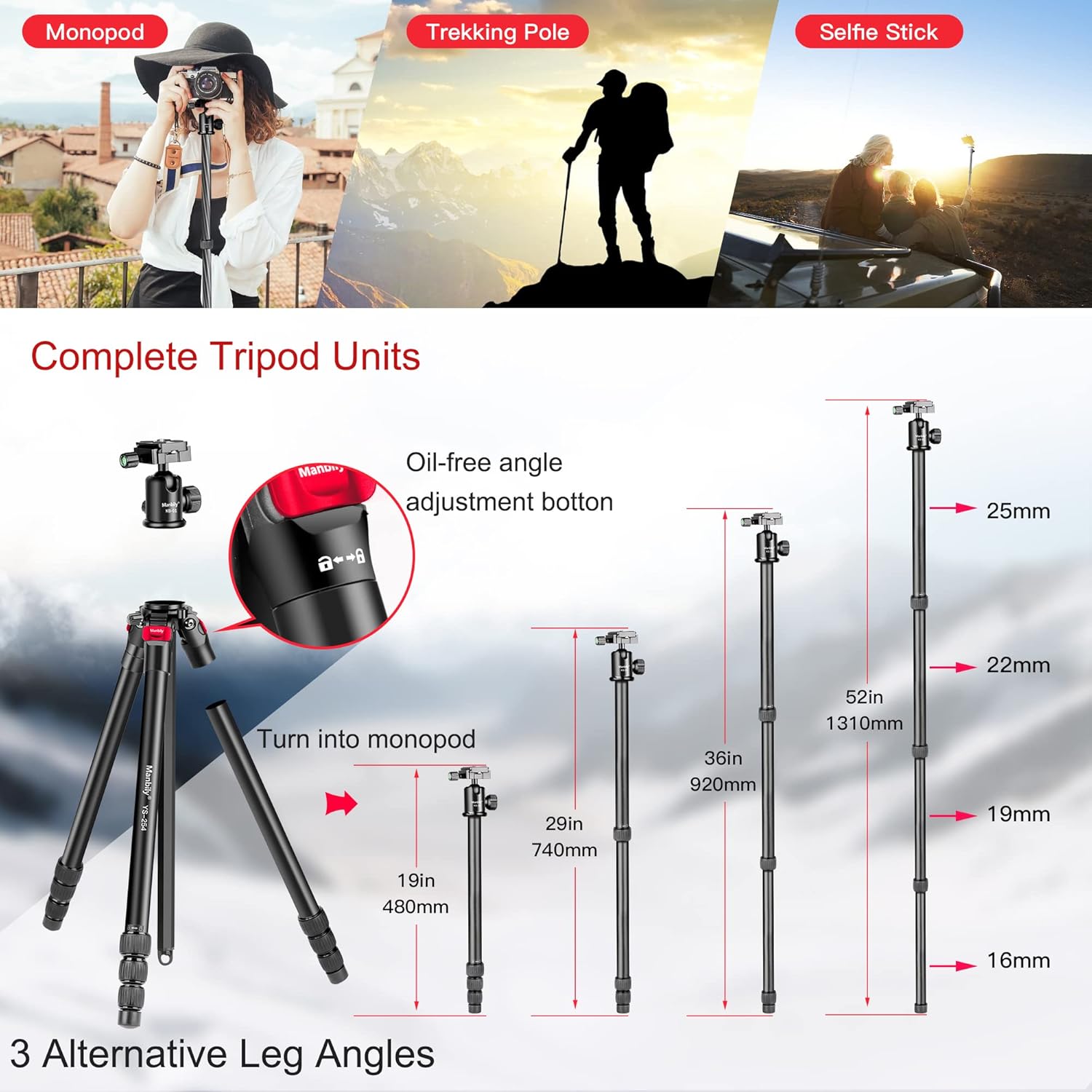 Manbily 63 Aluminum DSLR Camera Tripod Monopod Kit,Compact and Lightweight,360-degree Panoramic Ball Head Quick Release Plate