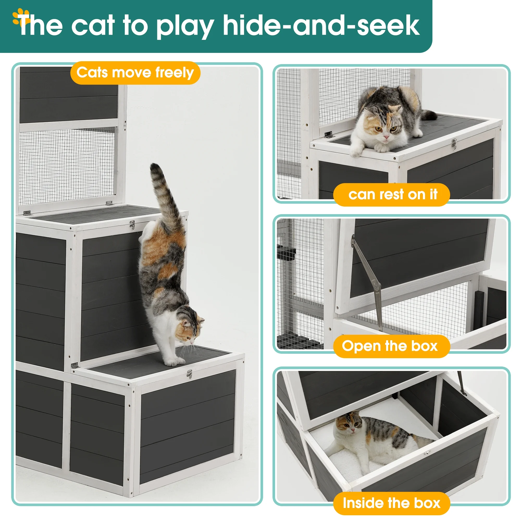 Syngar Luxury 3-Tier Wooden Cat Cage, Outdoor Medium Catio Enclosure with 2 Jump Platforms, 2 Resting Room, and 1 Loft