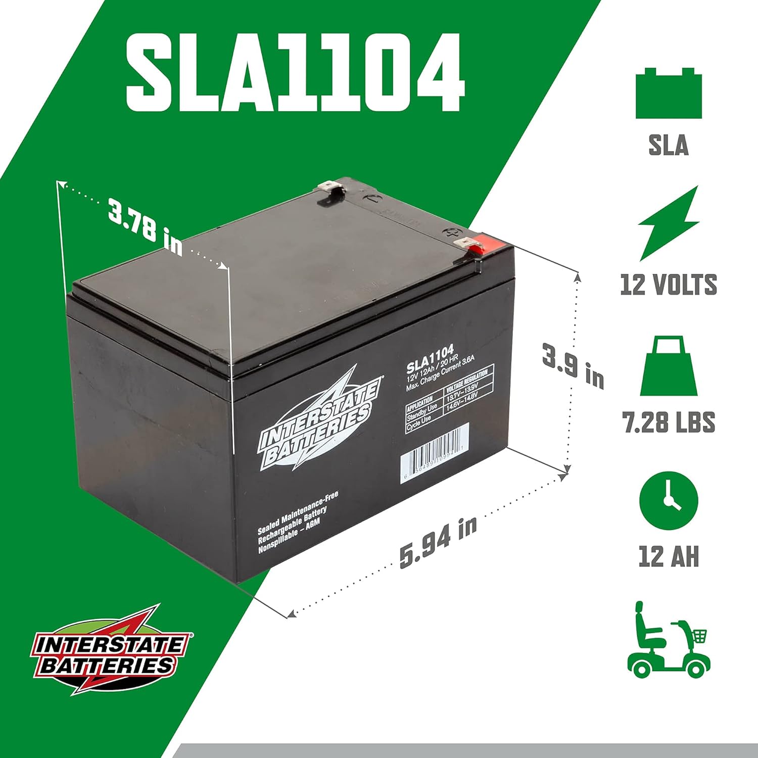 Interstate Batteries 12V 12Ah Battery (SLA1104) Sealed Lead Acid Rechargeable SLA AGM (F2 Terminal) Electric Fences, Generators