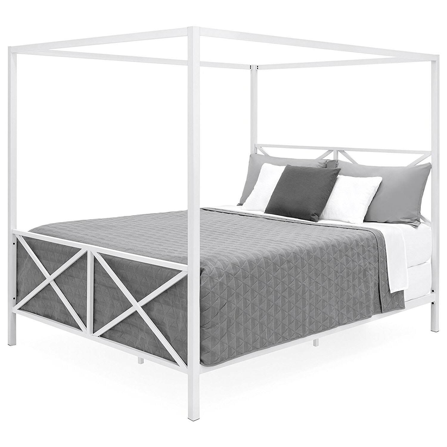Queen Size Modern Industrial Style White Metal Canopy Bed Frame