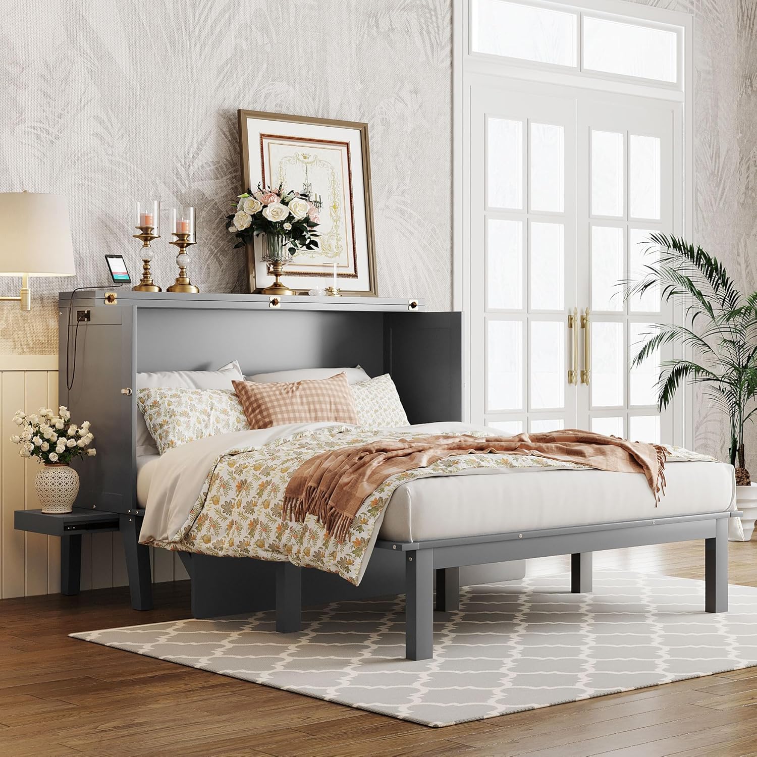 Murphy Bed Queen with Desk Board and Removable Shelves,Wooden Murphy Bed Cabinet with Charging Station