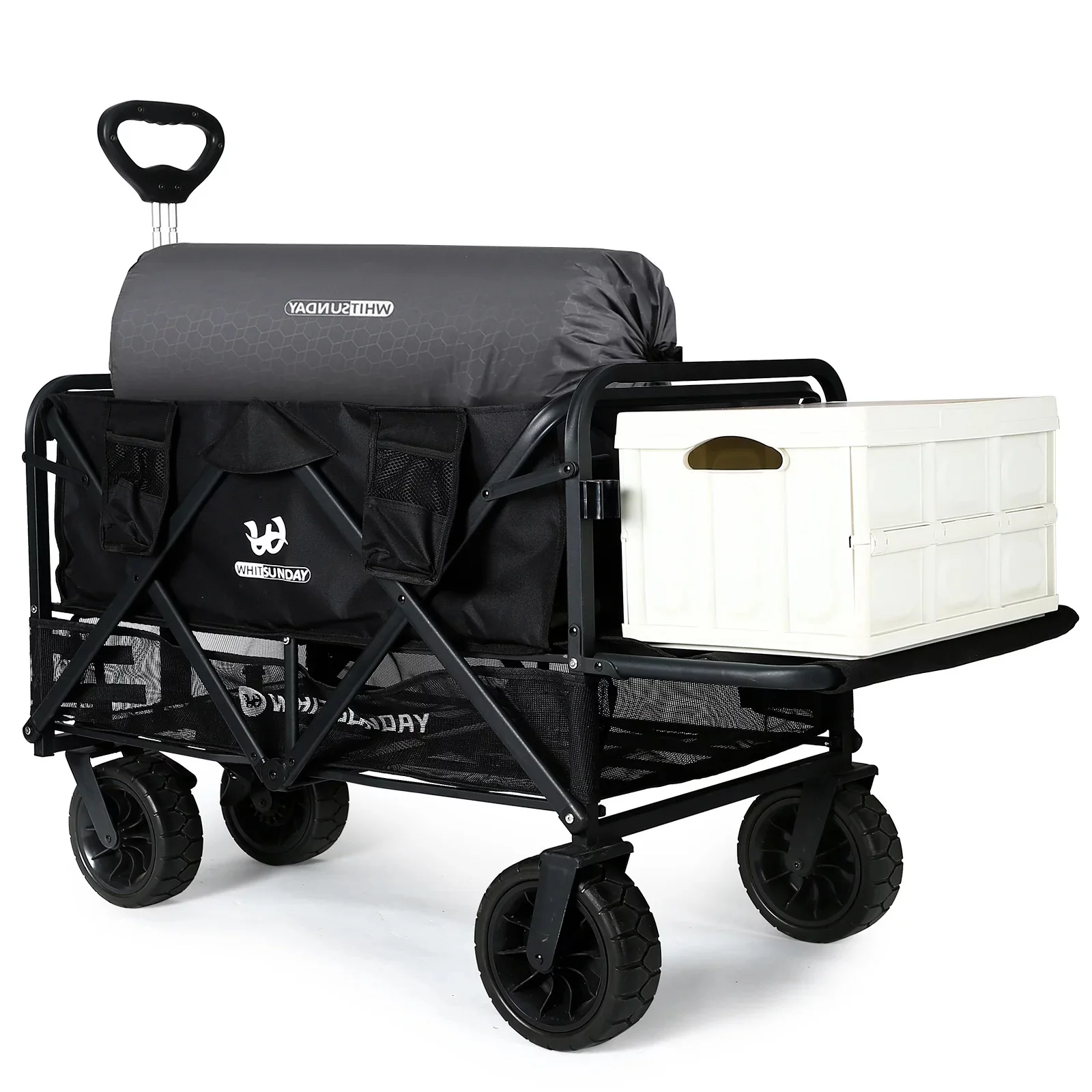 Collapsible Double Decker Wagon, Heavy Duty Foldable Wagon with All-Terrain Big Wheels, Beach Wagon for Camping, Sports, Shopping, Garden