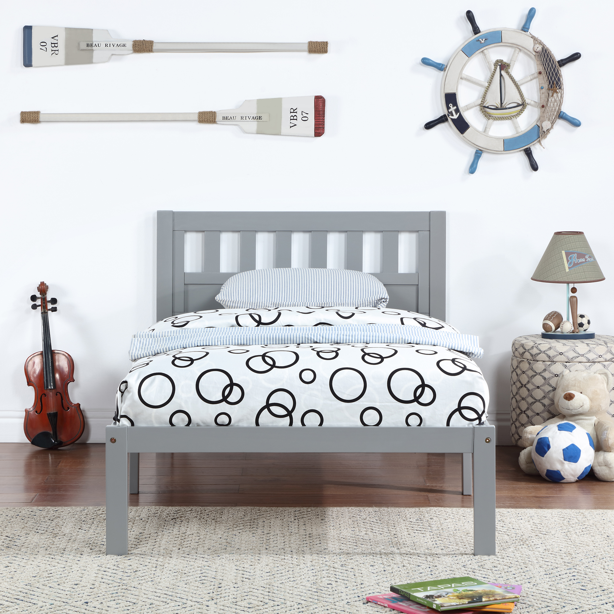iRerts Wood Twin Bed Frame, Modern Twin Platform Bed Frame with Headboard, Wood Support Slats, Twin Size Bed Frame No Box Spring Needed