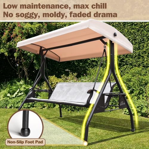 3 Person Patio Swing Outdoor Swing for Adults with Adjustable Canopy &Upgraded Cup Holders Textilene Fabric Porch Swing Chair with Stand Heavy Duty