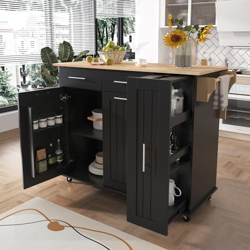 55.7'' Large Kitchen Island with 2 Drop Leaf, Rolling Kitchen Cart on 5 Wheels with Power Outlet