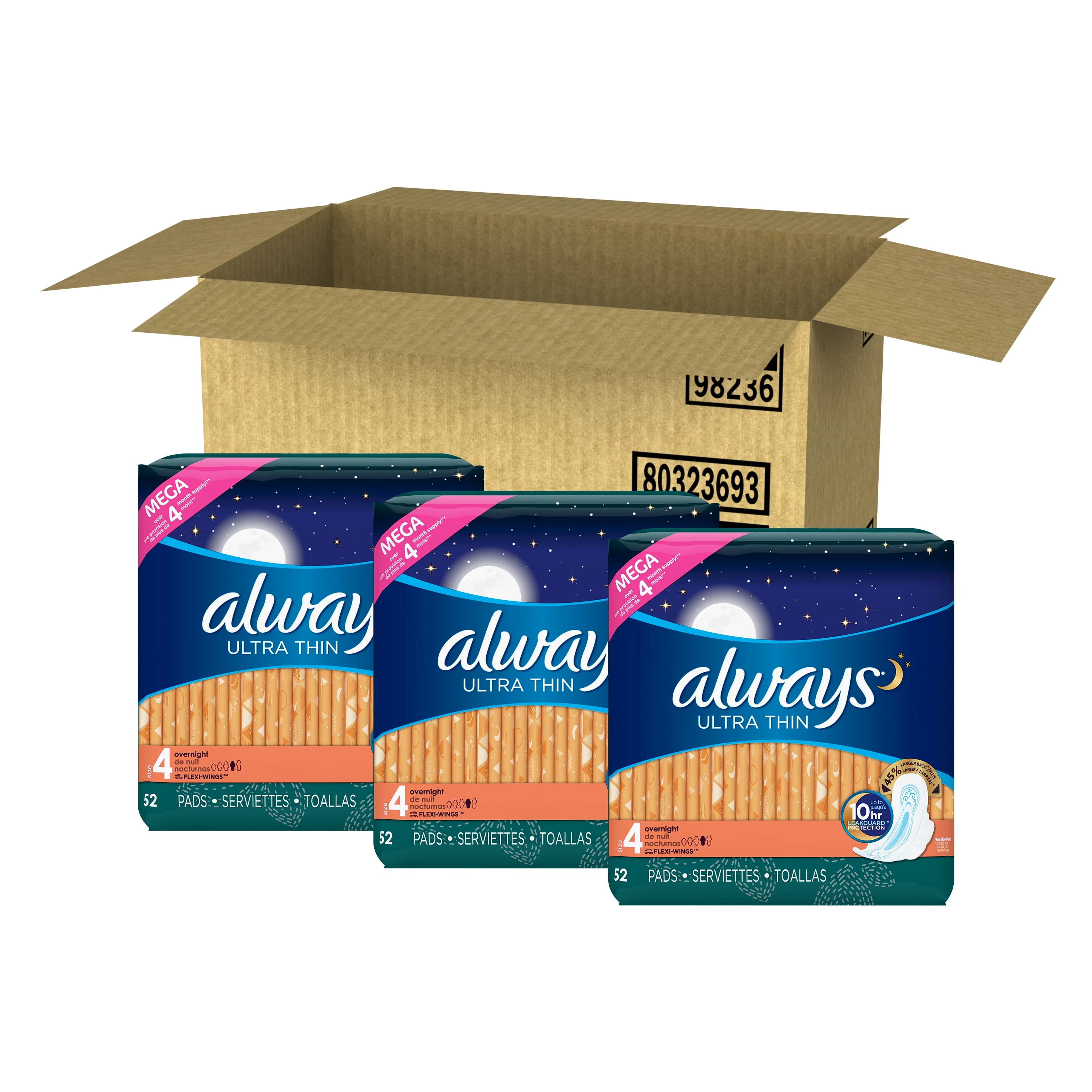 Always Ultra Thin Overnight Pads with Wings, Size 4, Overnight Absorbency, 36 Count