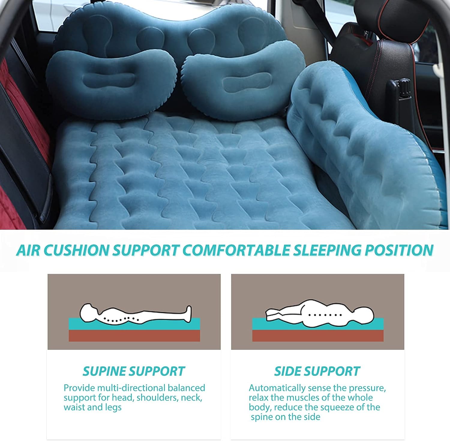 Inflatable Car Air Mattress with Pump, Pillows, Portable SUV Travel Bed for Back Seat, Universal Thickened Flocking Sleeping Pad for Truck, RV