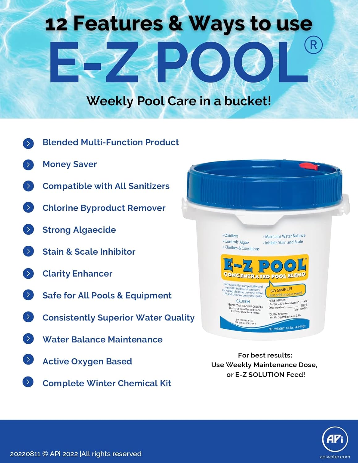 E-Z Concentrated Pool Blend, 10 Lbs. All in 1 Formula Contains Stable Oxidizer, Algaecide, Clarifier, Scale Inhibitor, Water Conditioner & Balancers