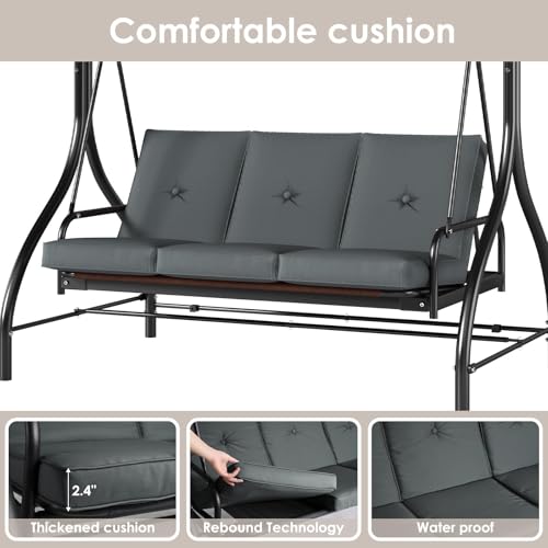 TLSUNNY 3-Seat Outdoor Patio Porch Swing with Adjustable Canopy & Backrest, Convertible Glider Bed with Stand, Removable Seat Cushion