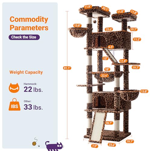 Allewie 81 Inches Tall Cat Tree/Multi-Level Large Climbing Tree House and Towers for Big Feline/Condo and Hammock/Scratching Post/Wide Base/Dark Grey