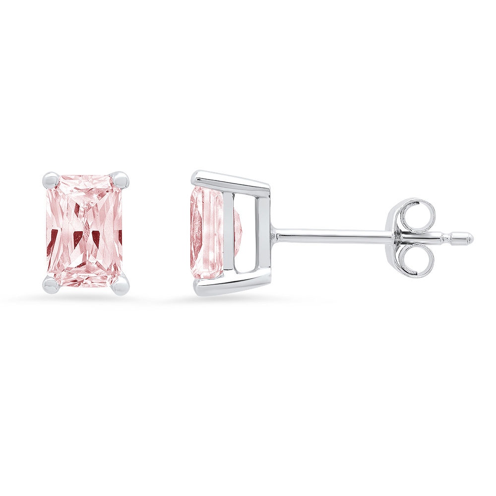 Clara Pucci 2.0 ct Brilliant Emerald Cut Solitaire Studs VVS1 Genuine Conflict free Pink Simulated Diamond Real Stamped Solid 18K White Gold Earrings