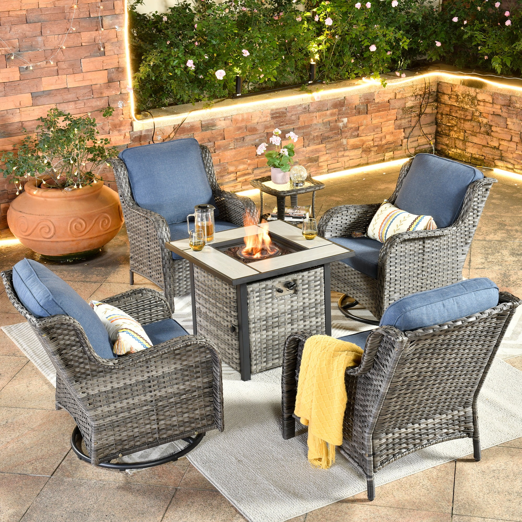 Ovios 6 Pieces Fire Pit Table Set Outdoor Patio Furniture with 30" Gas Fire Pit Table Gray Conversation Set with Swivel Rocking Chair