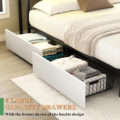 AMERLIFE Full Size Bed Frame with Bookcase Headboard, 4 Storage Drawers, Wooden Platform Bed with Charging Station & LED Light, No Box Spring Needed