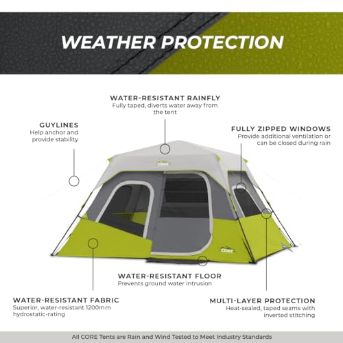 CORE 6 Person Instant Cabin Tent | Portable Large Pop Up Tent with Easy 60 Second Camp Setup for Family Camping | Included Hanging Organizer for