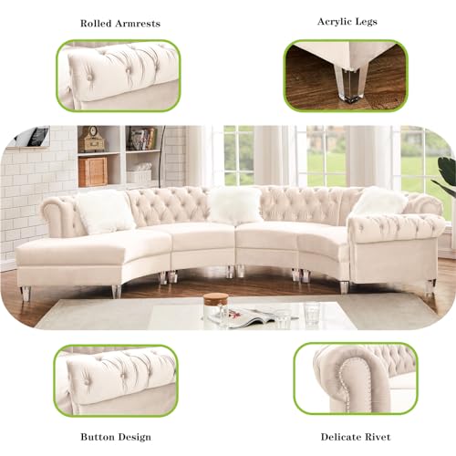 Velvet Curved Symmetrical Modular Semi Circular Sofa Sectional, Cream