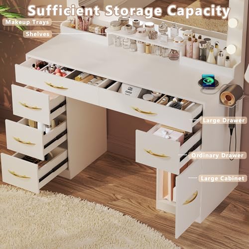 Makeup Vanity Desk with Lights, Vanity Desk with Large Mirror, White Vanity with Outlets Large Drawers & Storage, 3 Lighting Color Adjustable