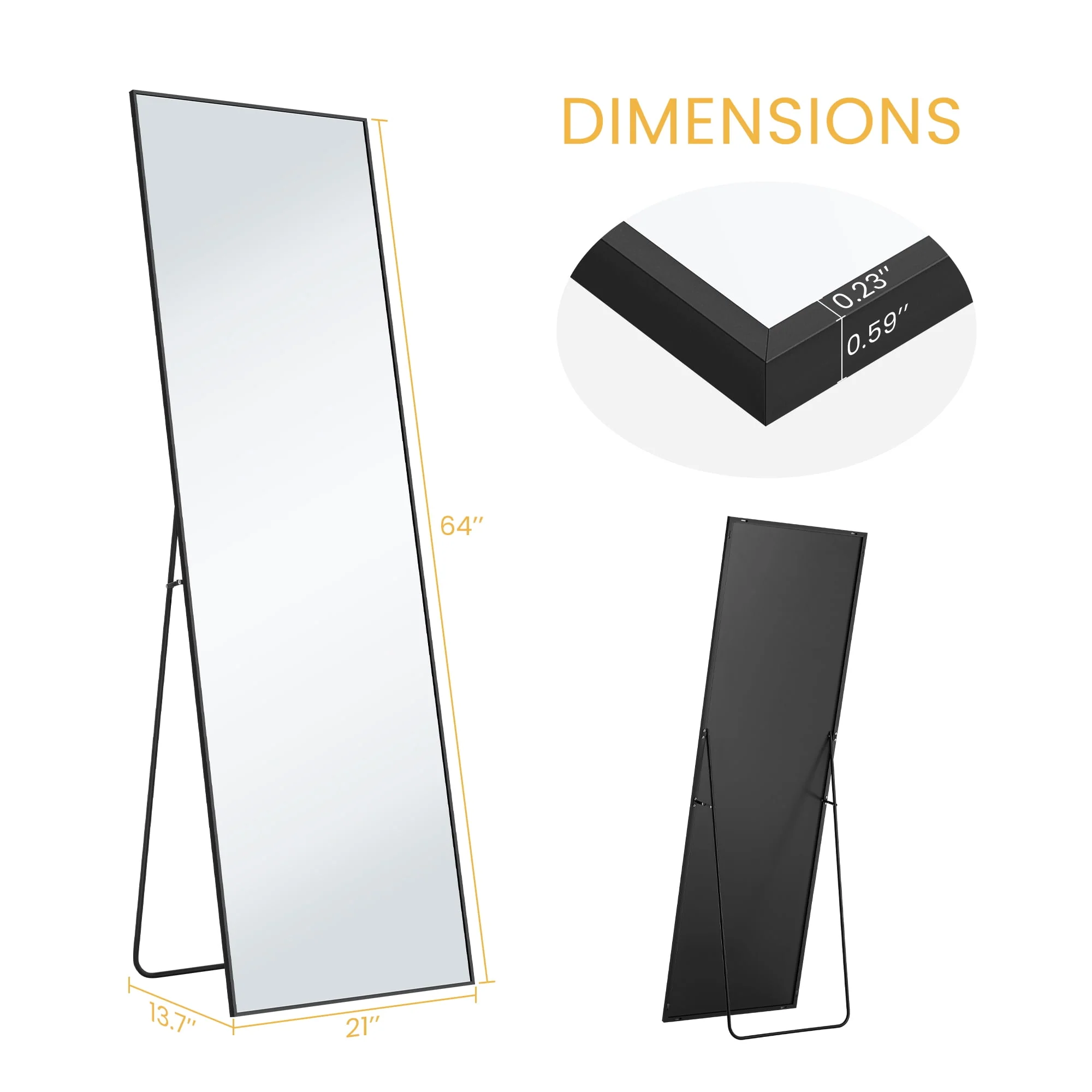 EDX Full Length Mirror 64x21 Full Body Mirror Rectangle Free Standing Wall Mounted Leaning Hanging Floor Mirrors, Black