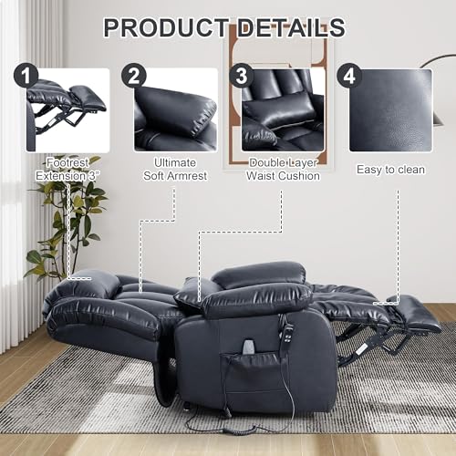 EDILLY Large Genuine Leather Power Lift Recliner Chairs for Elderly, Dual Motor with Massage and Heating,Double Lumbar Cushion and Extended Footrest