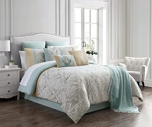Riverbrook Home 100% Polyester Comforter Set, Queen, Hillcrest - Ivory/Gold, 9 Piece Set