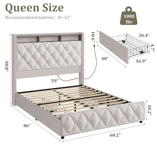 GarveeHome Queen Bed Frame with 50.8" Tall Headboard, Platform Velvet Upholstered Bed Frame with 4 Storage Drawers, USB Charging Station, Led Lights