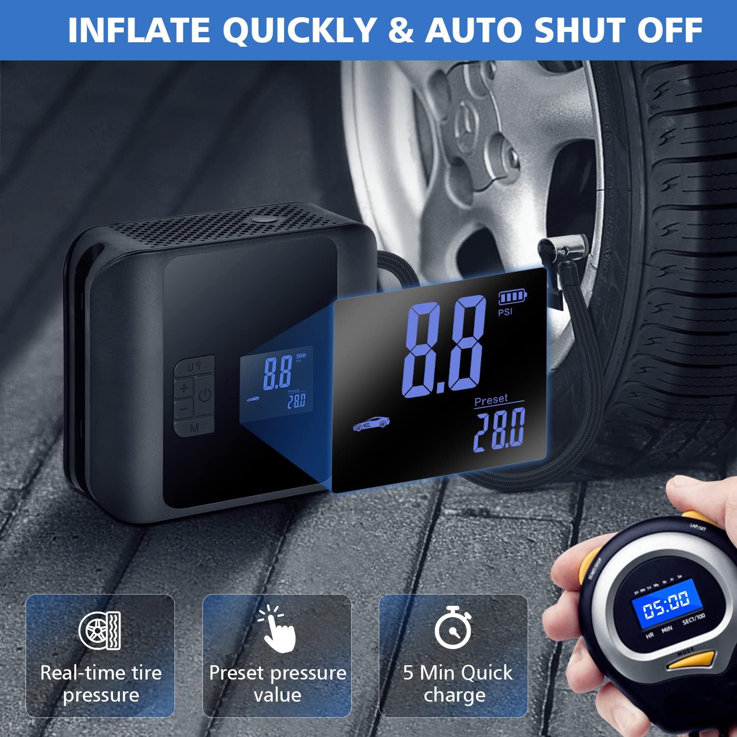 KGDJS Tire Inflator Portable Air Compressor, Electric Air Pump for Car Tires