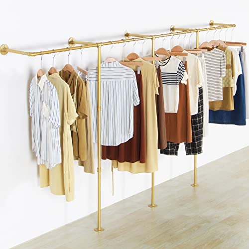 Wall Mounted Gold pipe clothing rack with 3 T-Bar Design and Nano Gold Finish with 2 Wooden Shelves Heavy Duty Wall Mounted Gold Iron Garment Bar for