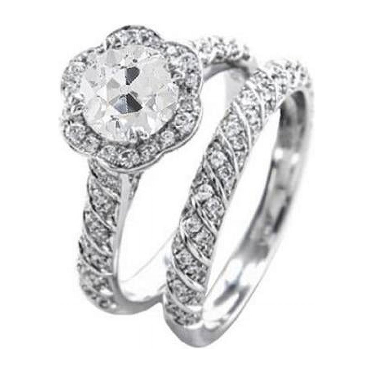 3.50 CT Old Cut Diamond Flower Style Pave Engagement Ring Set, Size 6.5