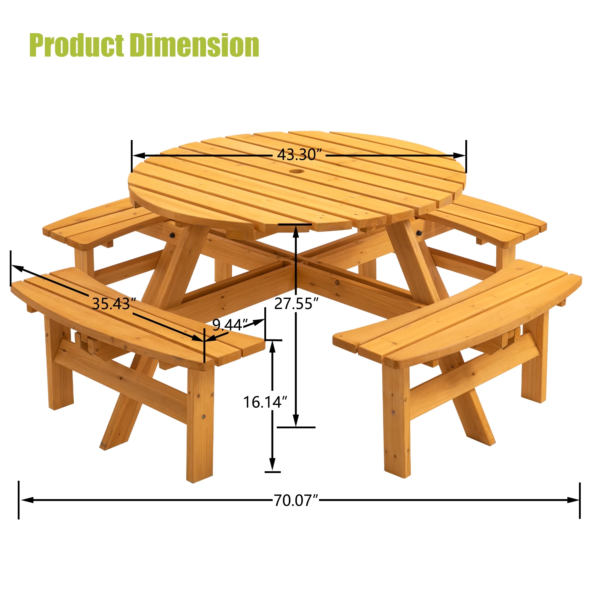 Outdoor 8-Person Circular Wooden Picnic Table w/ 4 Built-in Benches 2220lb Capacity for Garden, Patio, Backyard - Natural