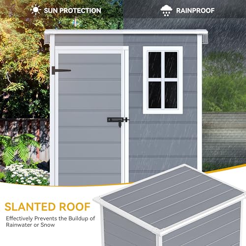 DWVO 5x3ft Resin Outdoor Storage Shed with Floor, Waterproof Lockable Storage Shed with Window, Plastic Outside Tool Storage for Garden, Backyard