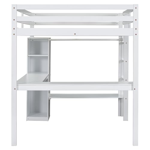 Full Size Loft Bed with L-Shaped Desk, Wardrobe and Storage Shelves, Solid Wood Bedframe w/Safety Guardrails & Ladder for Kids Teens Adults