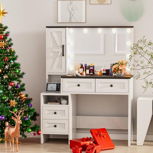Likein Vanity Desk with Mirror and Lights, White Vanity with Jewelry Storage Cabinet, Makeup Dressing Table with 11 Drawers, Charging Station
