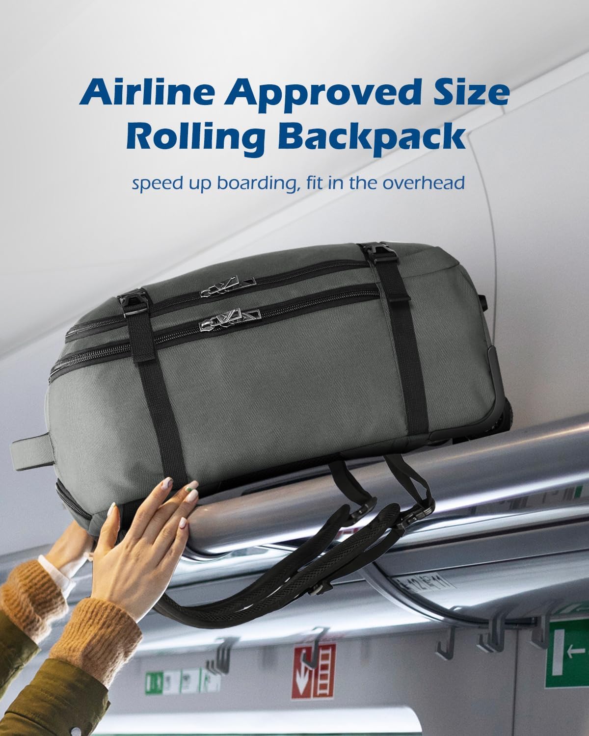 Hynes Eagle 42L Rolling Backpack Wheeled Backpack Flight Approved Travel Backpack Carry on Luggage Navy Blue with Grey