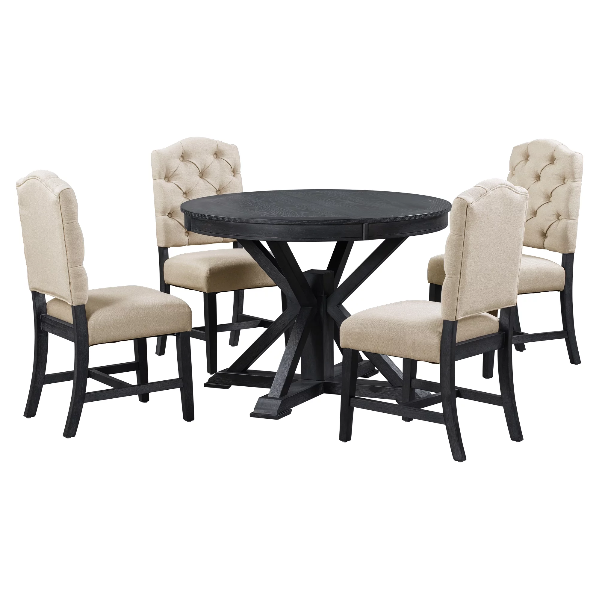 5 Piece Round Dining Table Set, Dining Room Set with Extendable Table and 4 Upholstered Chairs, Wooden Dining Table Set for 4