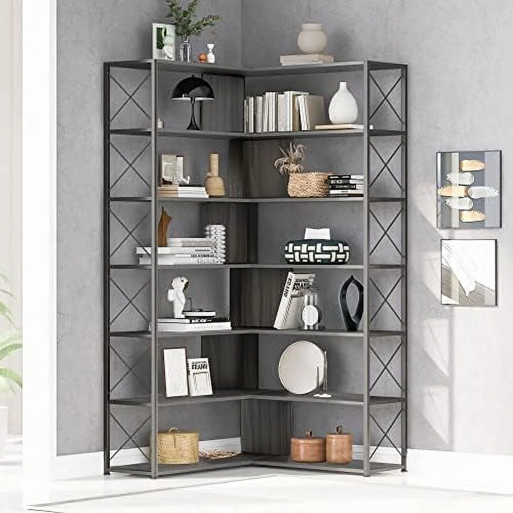 Bookcase 7- Tall Corner Bookshelf  Floor Standing L-Shaped Organizer Book  with Open   Metal Frame for Home Office