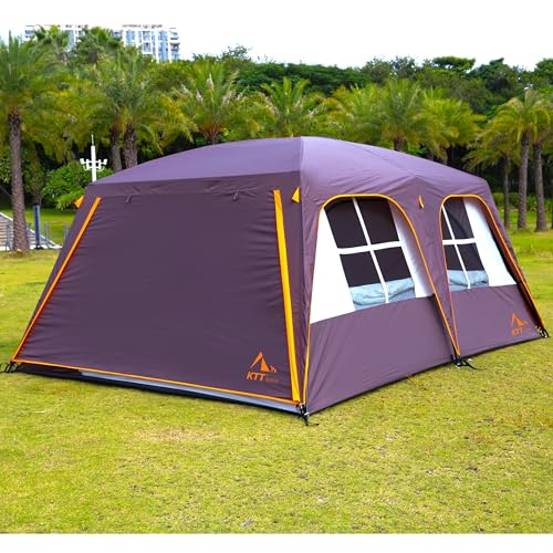 KTT Extra Large Tent 10-12-14 Person(B),Family Cabin Tents,2 Rooms,3 Doors and 3 Windows with Mesh,Straight Wall,Waterproof,Double Layer