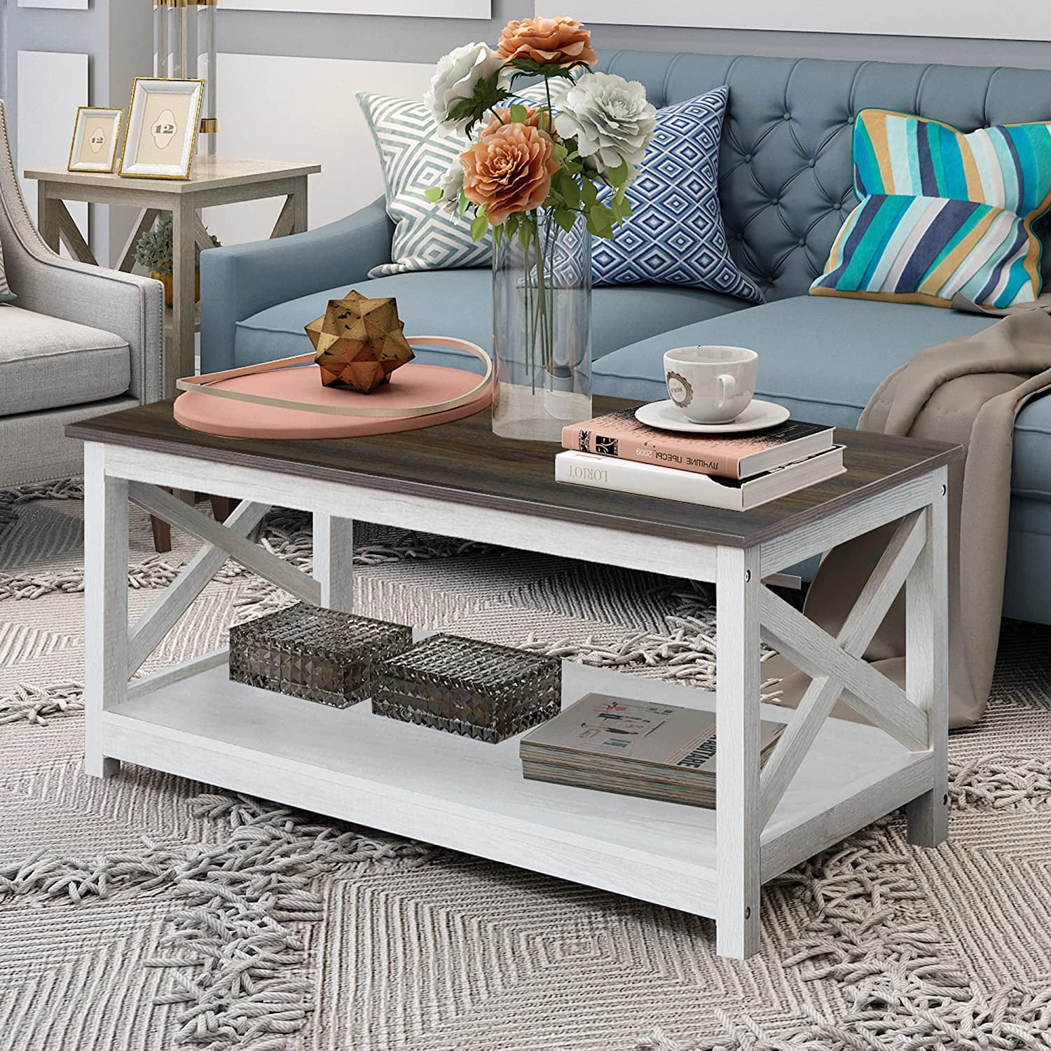 Coffee Table, Modern Farmhouse Wood Coffee Table with 2-Tier Storage, 40 Inch, Vintage White/Espresso