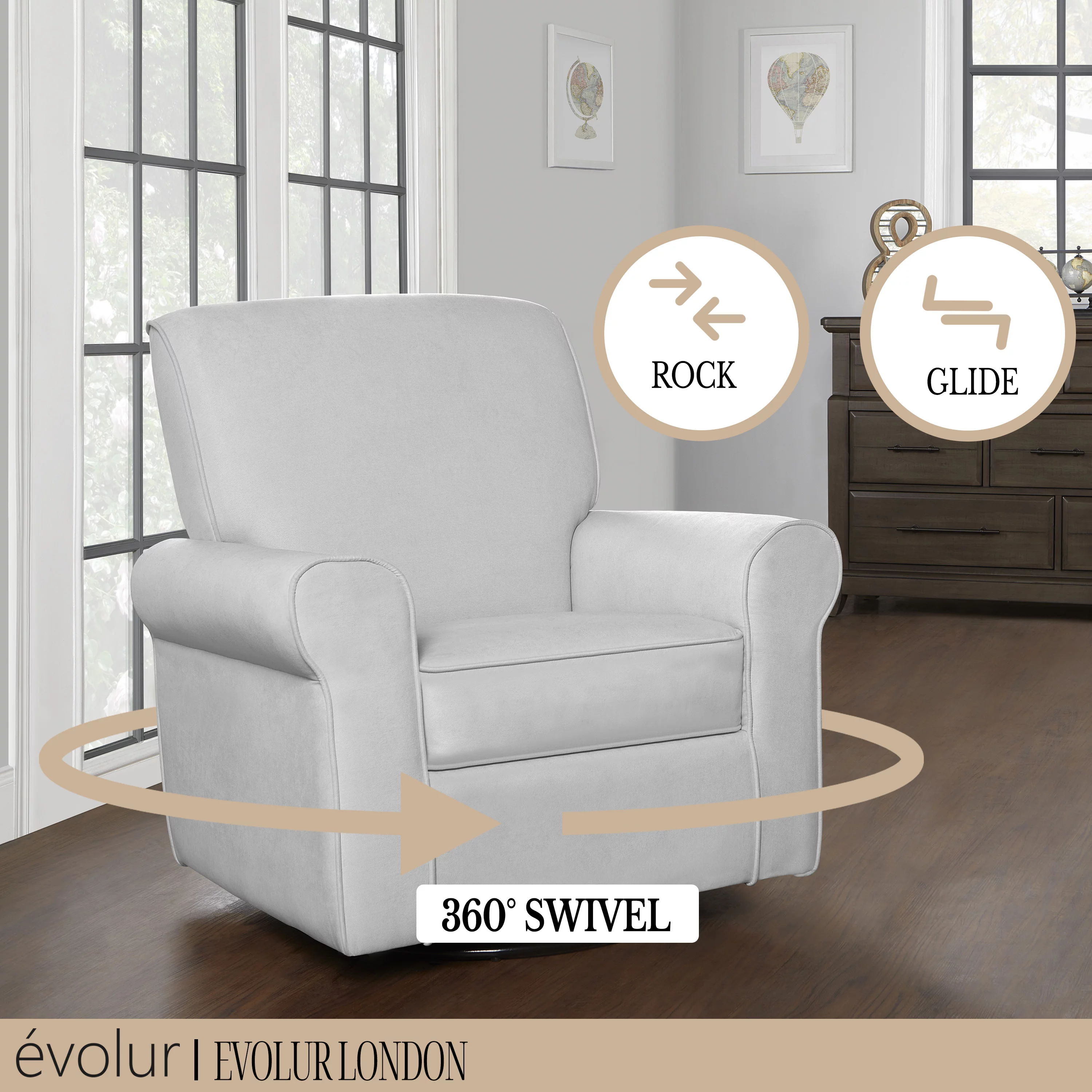 Evolur London Upholstered 360 Swivel l Glider I Rocker I Nursery Glider I Durable Soft Fabric in Gray Finish