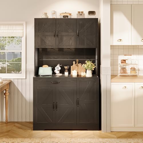 72" Tall Storage Cabinet, Kitchen Pantry Cabinet with Adjustable Shelves & Sturdy Steel Frame, Farmhouse Pantry Storage with 4 Barn Doors for Kitchen
