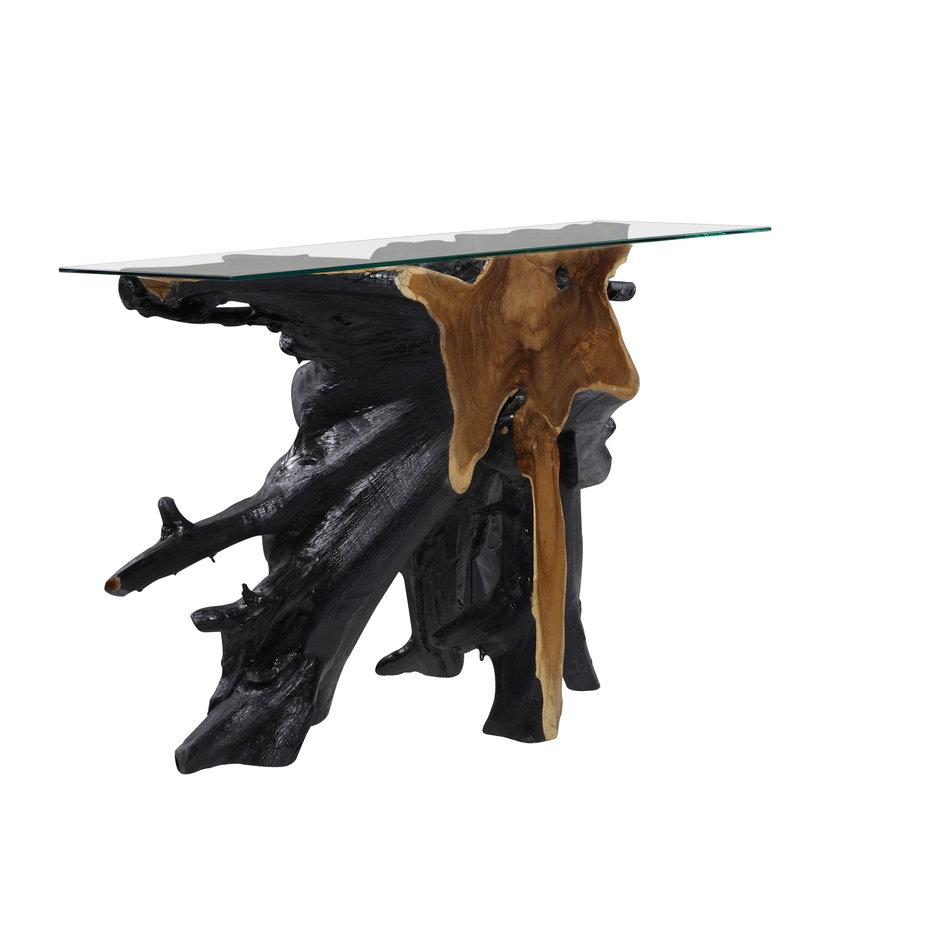 DecMode 49" x 32" Black Teak Wood Live Edge Tree Stump Console Table with Clear Glass Top, 1-Piece