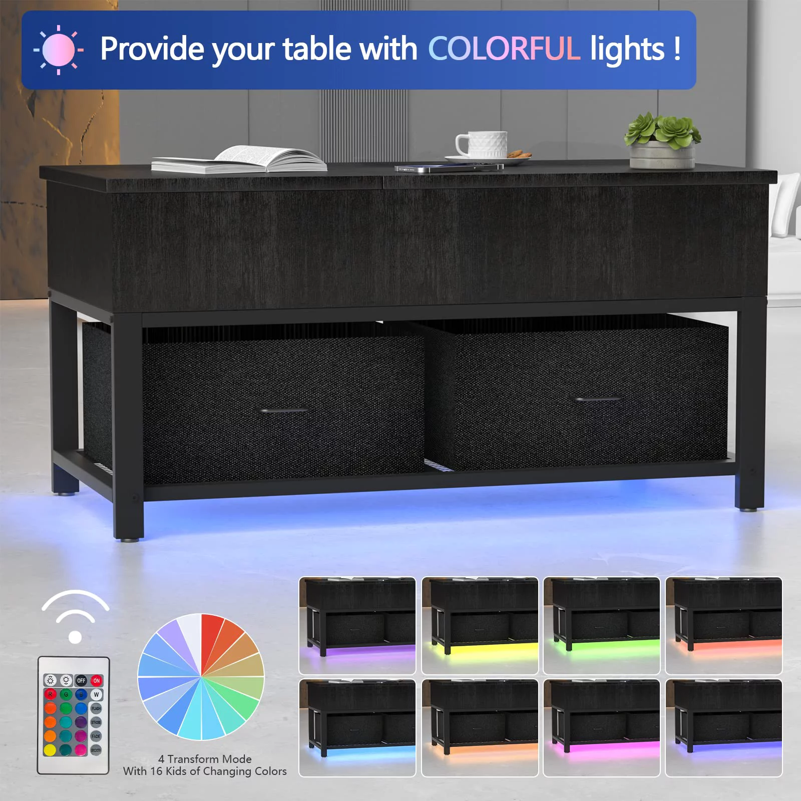 Hasipu Lift Top Coffee Table with Storage for Living Room LED Furniture ,39.4" Modern Square Center Tables with USB Charging Port, Black