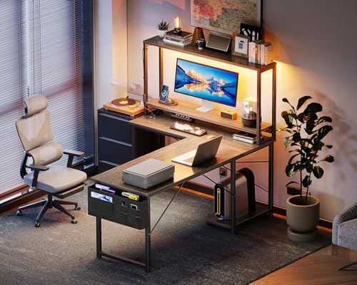AODK L Shaped Desk Gaming Desk with LED Light & Power Outlet