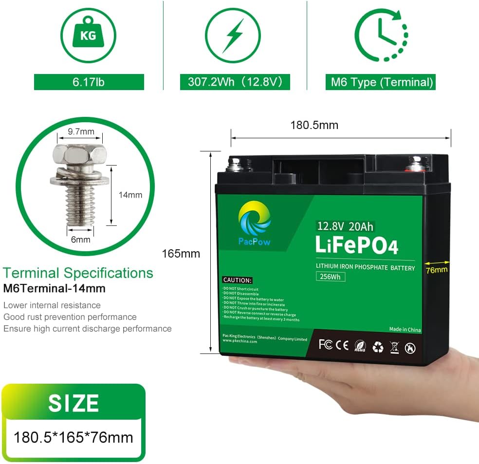 PacPow 12V 20Ah LiFePO4 Lithium Iron Phosphate Battery with Built-in BMS for Fish Finder, Ham Radio, Scooter, Trolling Motor, Light