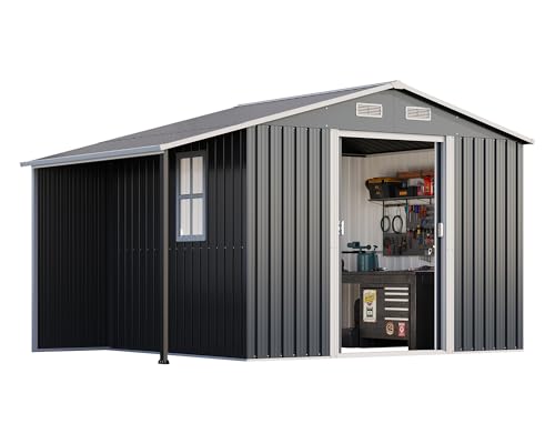 AMERLIFE 10.6x10.3x6.3 FT Metal Storage Shed with Sliding Doors Two 4-Pane Windows, Open Outdoor Shed for Wood Storage, Dark Grey/White