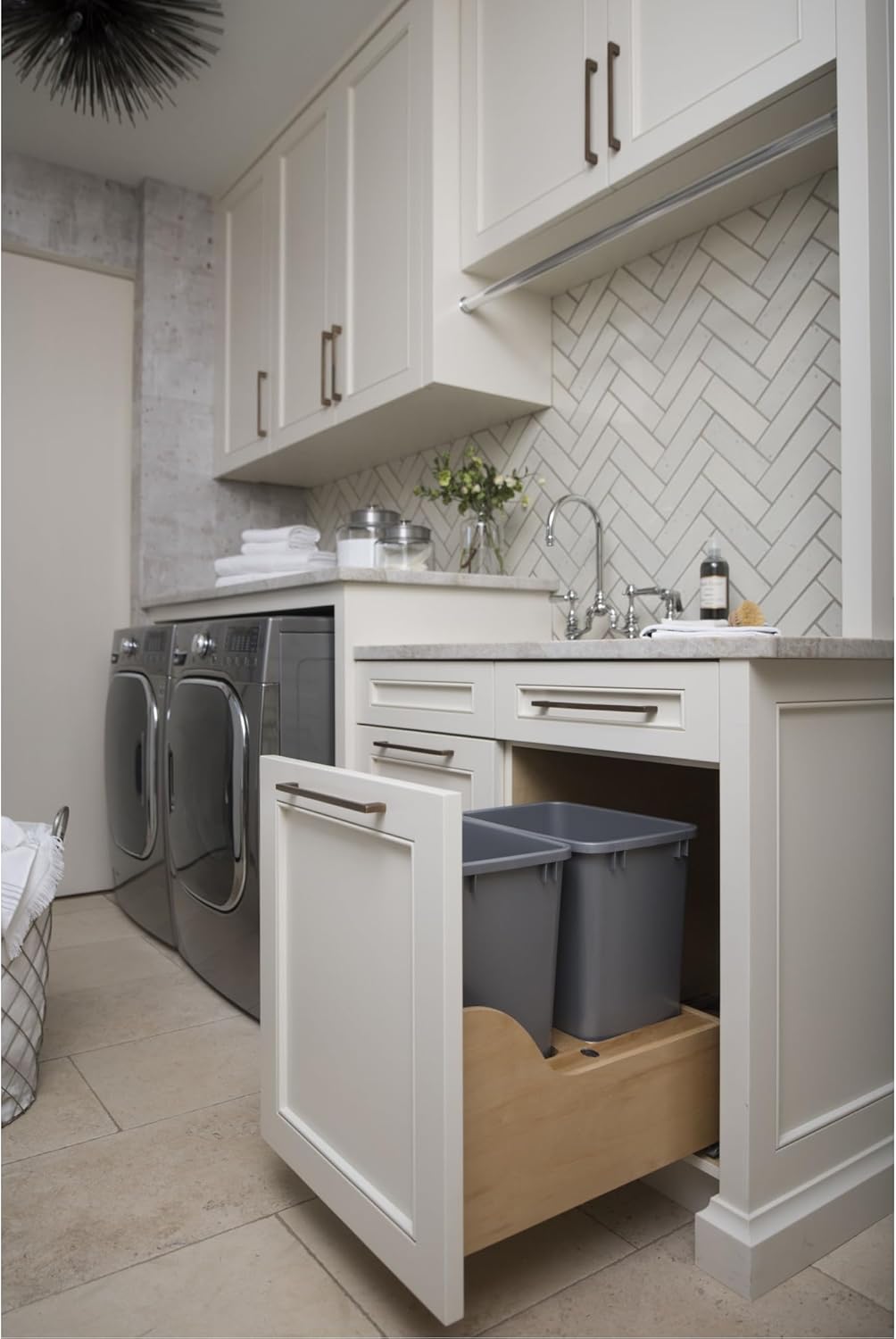 Rev-A-Shelf Pull Out Trash Can for Kitchen Cabinets 35 Qt 8.75 Gal Bottom Mounted, Undermount Soft-Close Slides, Silver, 4WCSC-1835DMND-2